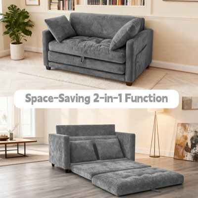 Canapé-lit convertible 2-en-1 - canapé-lit pliant coulissant avec assise profonde, 2 coussins et structure en acier massif, canapé-lit avec causeuse pour petits espaces, appartement, salon et chambre d'amis (chenille grise)