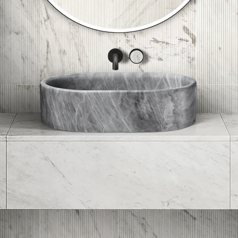 Vasque ovale en marbre véritable gris, 600 x 400 x 150 mm, style luxueux, à poser sur le plan de travail.