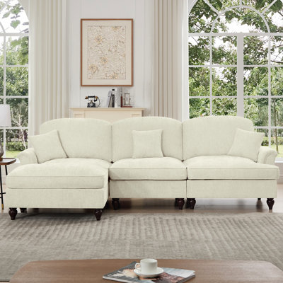 Mid Century Three Seater Couch With Chenille, Flared Arms, Spindle Legs, And Removable Skirts, Beige White Comfy 3 - Seat Detachable Ruffles Pleats Chenille