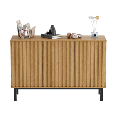 Modern Fluted Sideboard Buffet Cabinet – 60 Inch Wooden Freestanding Storage Console with Adjustable Shelf, 4 Doors, for Living Room or Dining Room – Wood Color, Four Doors