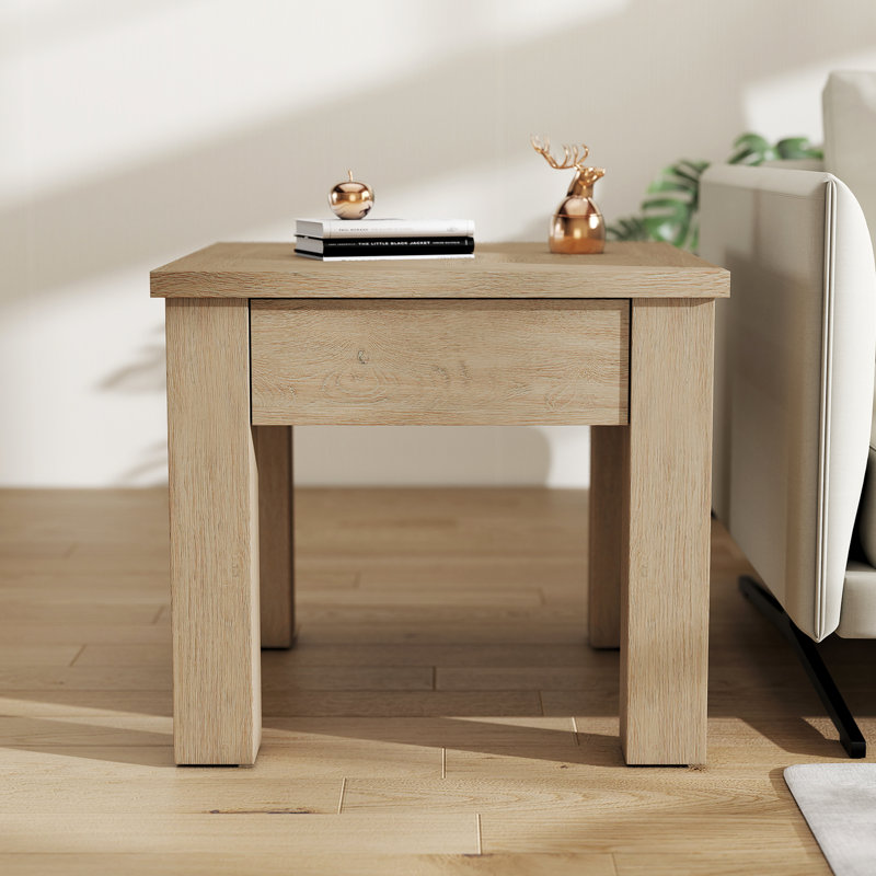 Natural Wood End Table With Diamond Pastoral Pattern Inlay Design, Concealed Handle Drawer Nightstand, Natural Oak