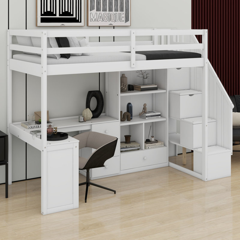 Loft Bed With L-Shaped Desk And Drawers, Cabinet And Storage Staircase, White