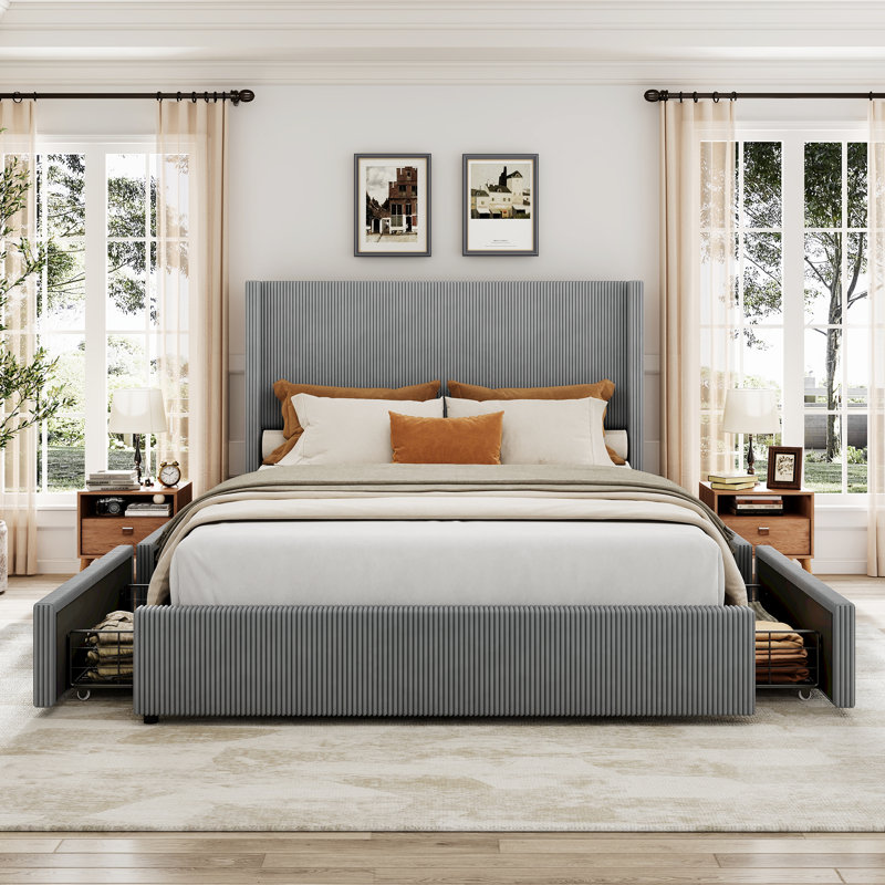 Queen Upholstered Bed Frame with 4 Storage Drawers, Corduroy Wingback Platform Bed, No Box Spring, Gray, Queen