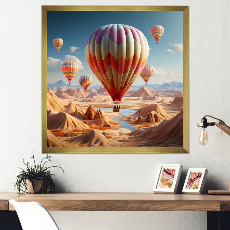 Reproduction sur toile d'une interprétation cubiste de montgolfières dans le désert, Cadre doré simple