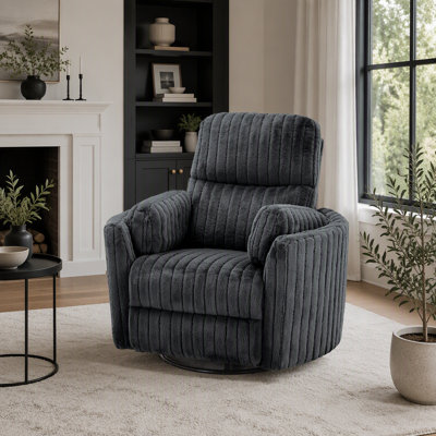 Fauteuil inclinable pivotant électrique, fini gris foncé, style contemporain, accoudoirs incurvés et coussins rembourrés pour le salon principal