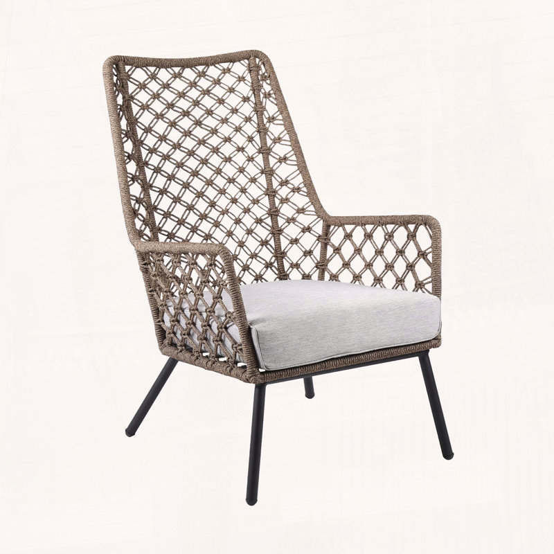 Indoor Outdoor Steel Lounge Chair with Truffle Rope Weave and Removable Cushion, Natural