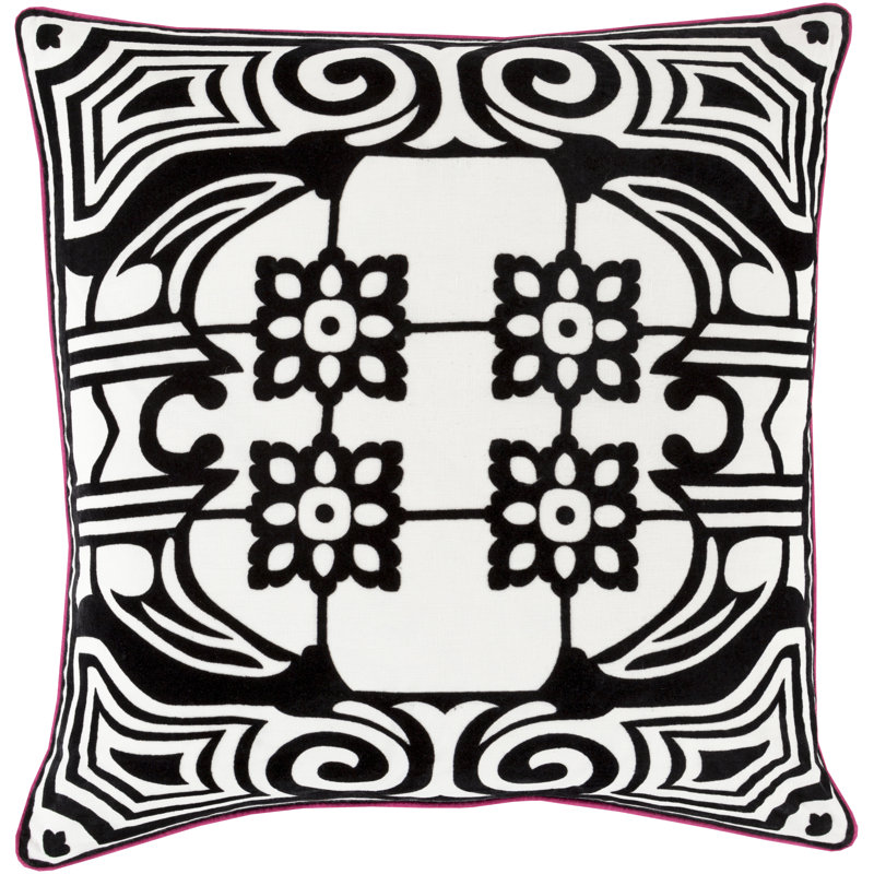 Embroidered Linen Throw Pillow, 20" H x 20" W x 4" D, Black, Down