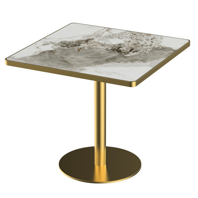 Table carrée bistro moderne tulipe 31,5 pouces, plateau de table en faux marbre, assemblage rapide, structure en métal robuste, finition brillante pierre de montagne de montagne, bordure en alliage d'aluminium, pieds dorés, configuration frittée,