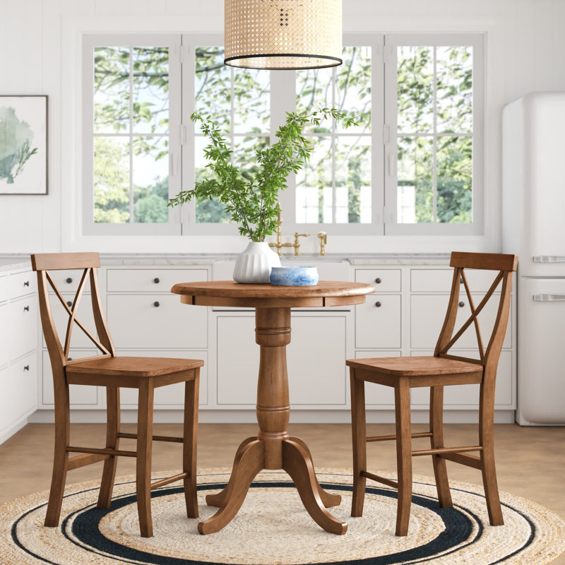 Ensemble de table ronde 3 pièces à hauteur de comptoir Dhar, Chêne vieilli