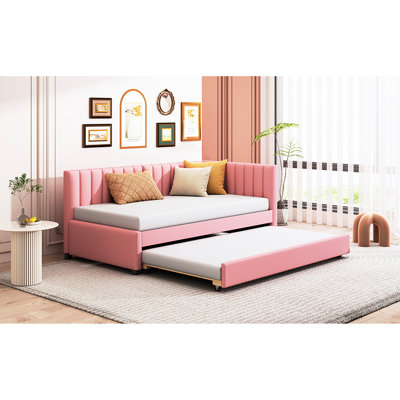 Twin Size Daybed With Upholstered Trundle In Pink Linen, No Box Spring Required Trundle, Linen Fabric Pink, Size, Requirement