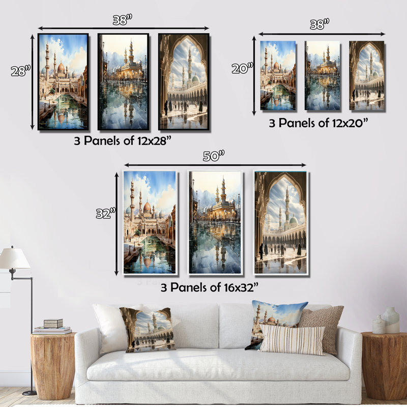 "L'art de l'Islam Minaret majestueux" 3 - Pièces sur toile, Toile tendue, H 32 po x l 48 po