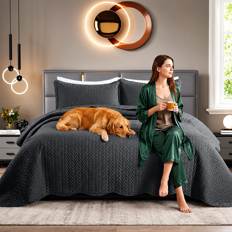 Ensemble de couvre-lit en microfibre embossée, Grand (90 po x 96 po), Gris anthracite