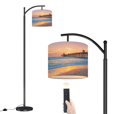 Arc Floor Lamp with Adjustable Lampshade Gorgeous Beach Sunset Standing Lamp 3 Color Temperatures Dimmable Tall Pole Lamp with Foot Switch for Bedroom