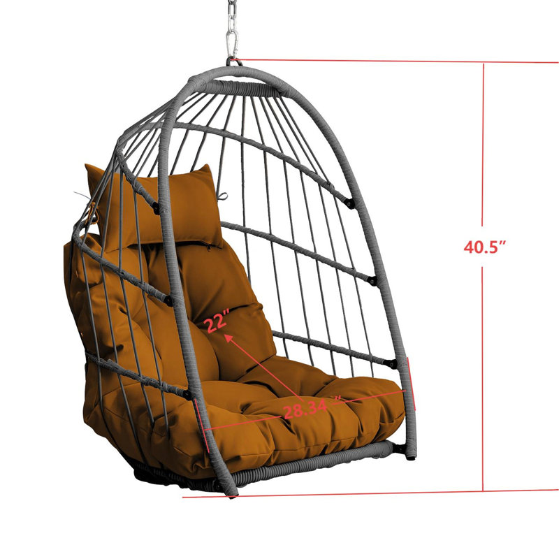 Fauteuil à œufs d'extérieur suspendu en PE brun avec fonction escamotable, coussin et accessoires en acier inoxydable complets, structure pour 270 lb, espaces de balançoire de jardin ou de terrasse convenables, rangement amovible