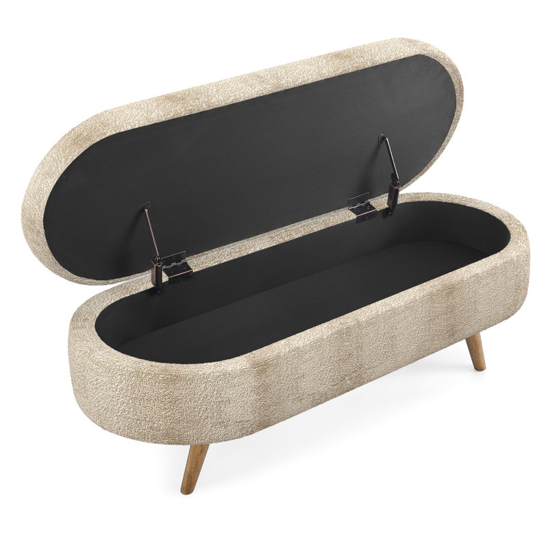 Banc ovale de 43,5 po x 16 po x 16 po, brun, pieds en bois d'hévéa, fabriqué à la main par des professionnels, fonctionne comme un repose-pieds ou une surface assise, tissu plissé, experts en rangement, fonctions, espace