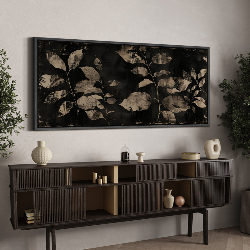 Minimal Botanical Noir Leaves Shadows, reproduction d'art sur toile, H 30 po x l 60 po, Noir, noir, noir, noir