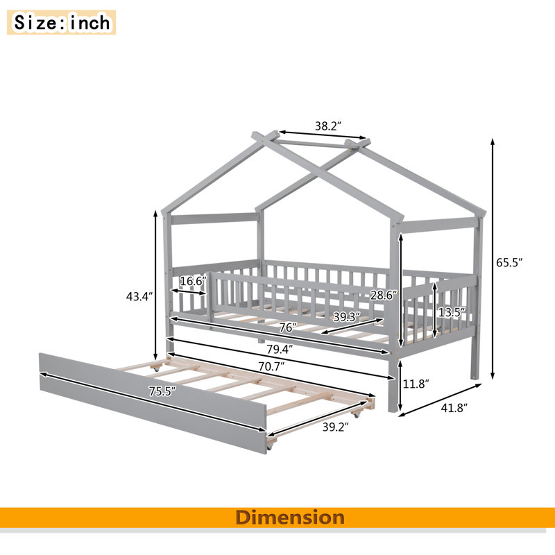 Wooden House Bed With Trundle, Gray, Twin
