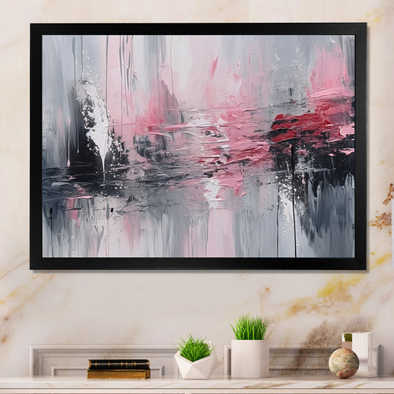 «Evolving Shapes In Pink Marble IV», art mural encadré abstrait géométrique, H 24 po x l 32 po x P 1 po, Cadre photo noir