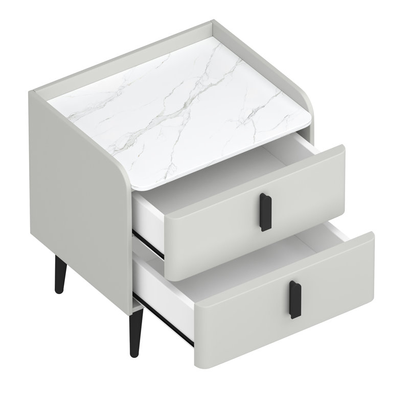Table de chevet grise avec 2 tiroirs et surface en marbre, table d'appoint élégante pour le dessus de la chambre à coucher, intérieur intérieur