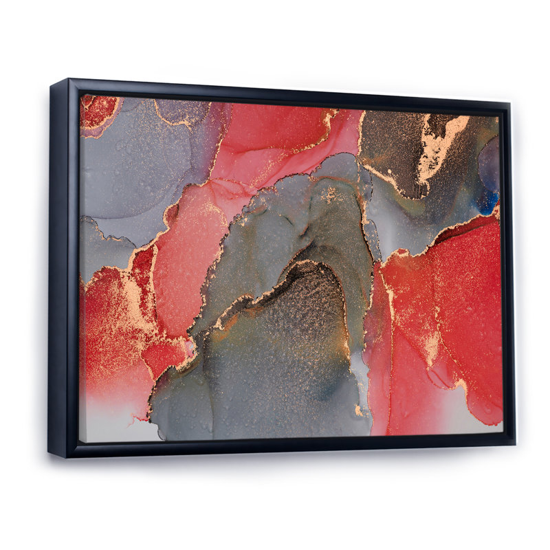 Gris et rouge, art abstrait fluide de luxe - peinture sur toile, H 34 po x l 44 po, Cadre flottant noir