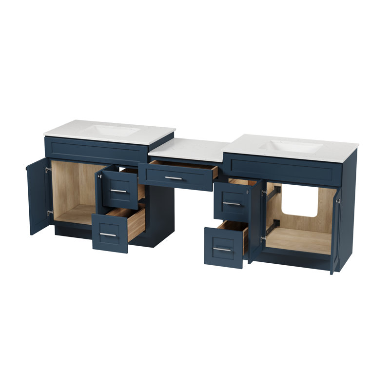 Meuble-lavabo double 97 po avec tiroir en bois massif et comptoir en quartz de Carrare, Bleu