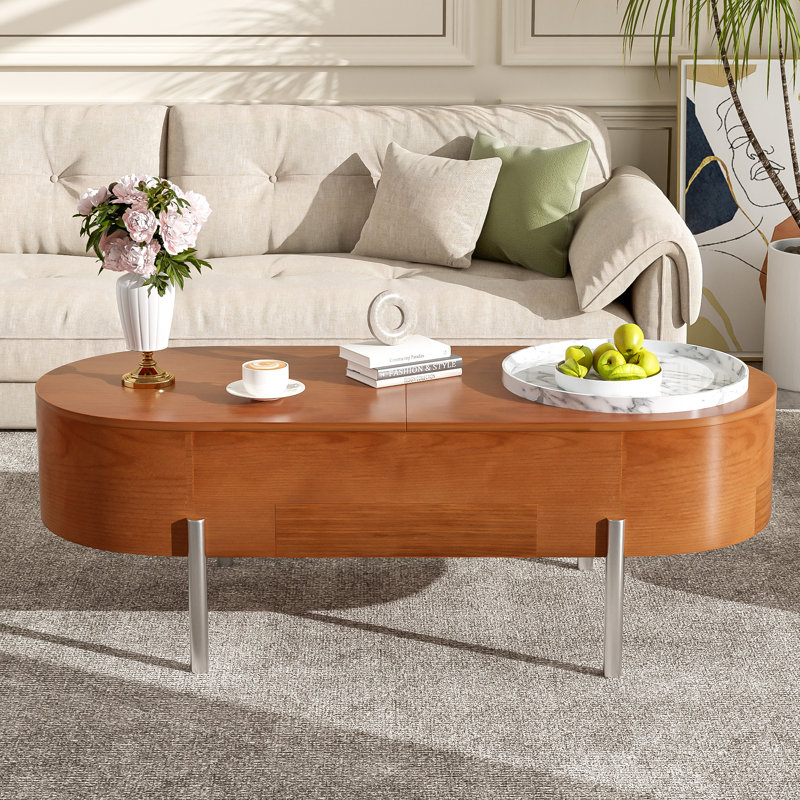  Table basse à plateau relevable ovale avec plateau tournant en marbre et compartiment caché, brun