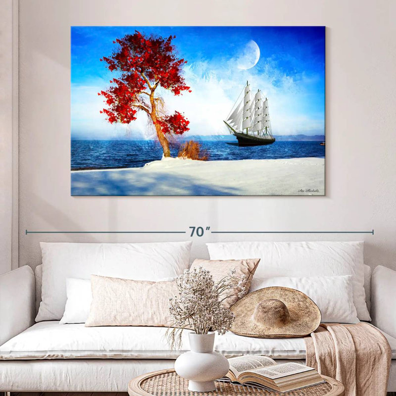 Arbre rouge Mehar et bateau, H 34 po x l 51 po