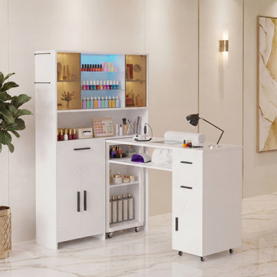 Adalgis 2-in-1 Manicure Table with Dust Collector and Wrist Rest, Profession Nail Desk with Sliding Door Glass Display with LED Light, Drawers, Cabinets, Open Shelves for Nail Technician