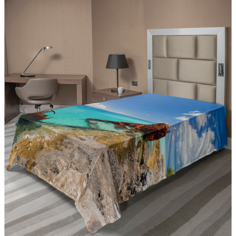 Ambesonne Nautical Top Flat Sheet Ship Wreck on Beach Multicolor