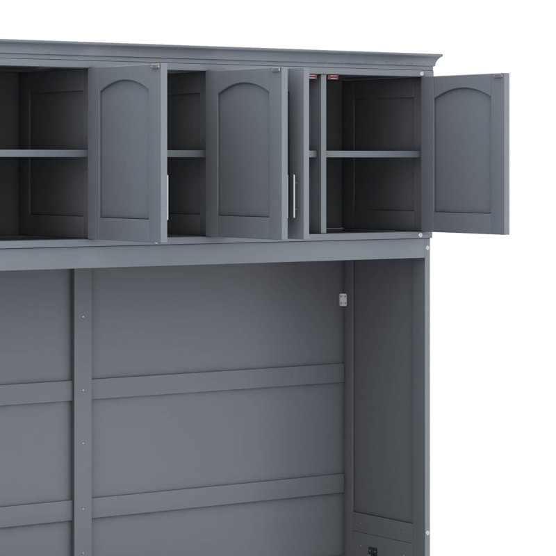 Grand lit escamotable avec armoires supérieures, Gris