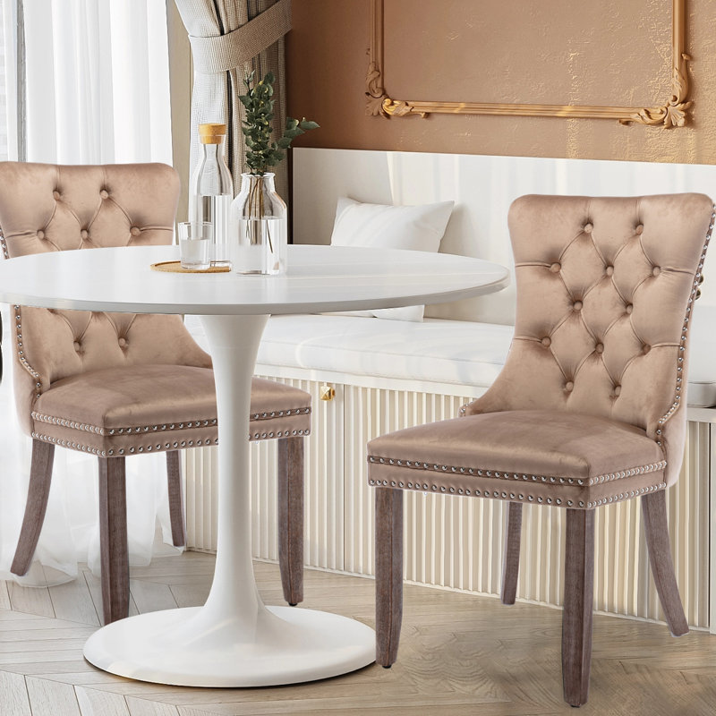 Friedrun Velvet Dining Chair Tufted Dining Room Chair with Solid Wood Leg, Khaki