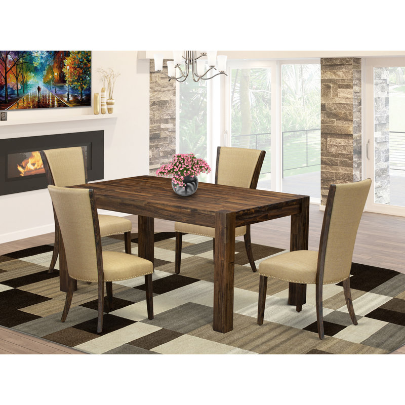 5 Piece Dining Room Furniture Set Includes a Rectangle Rustic Wood Dining Table and 4 Brown Linen Fabric Upholstered Chairs, 36x60 Inch, Jacobean