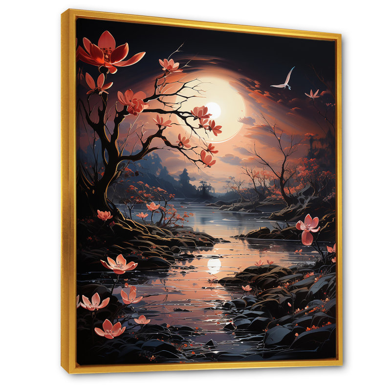 «Blooming Night In surrealism River» sur toile, Cadre flottant doré, H 40 po x l 30 po x P 1,5 po