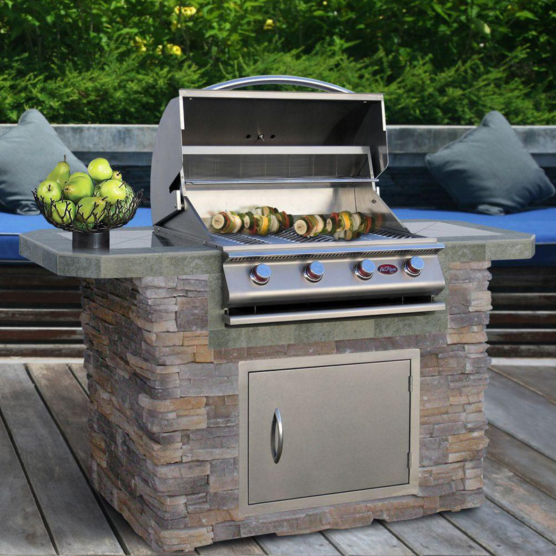 6 Ft. Stone Veneer And Tile Grill Island With 4-Burner Gas Grill In Stainless Steel