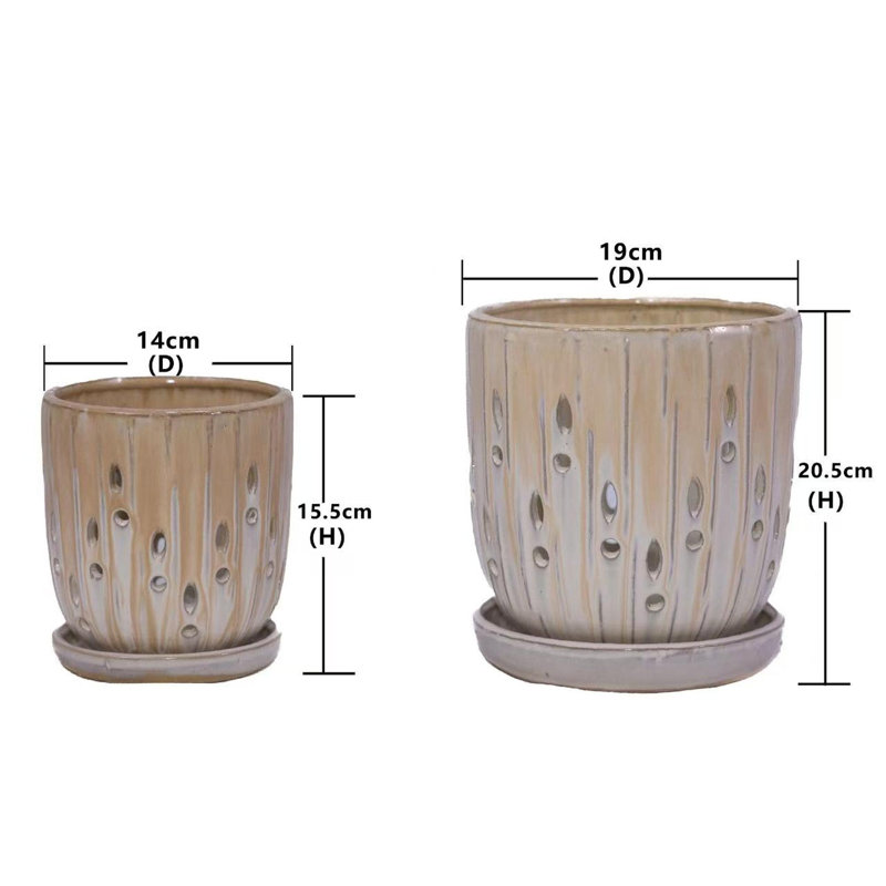 Set of 2 Striped Ceramic Planters with Drainage Holes, 8-Inch Modern Pots for Patios, Gardens, and Windowsills - Brown 