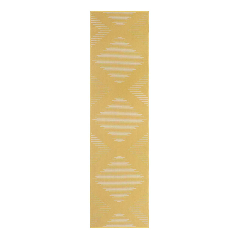 Moroccan Machine Woven Polypropylene Indoor / Outdoor Area Rug in Yellow/White, Runner 3'3" x 12'
