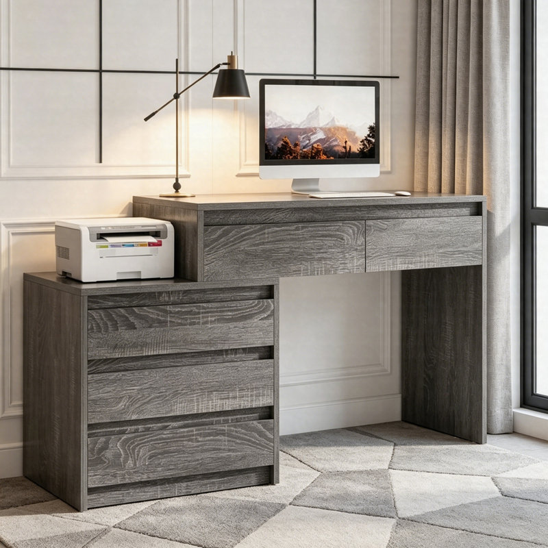 Computer Desk With 5 Drawers, 63" Executive Home Office Desk With File Cabinet Storage, Gray