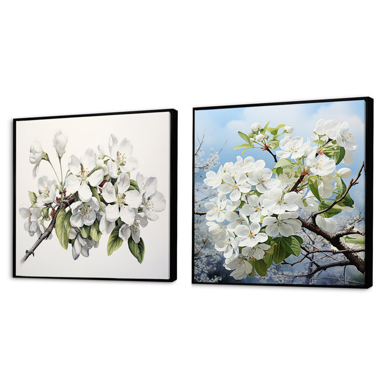 Fleur de pommier monochromatique Elegance I - ensemble de 2 collages carrés floraux, Cadre flottant noir, H 36 po x l 73 po