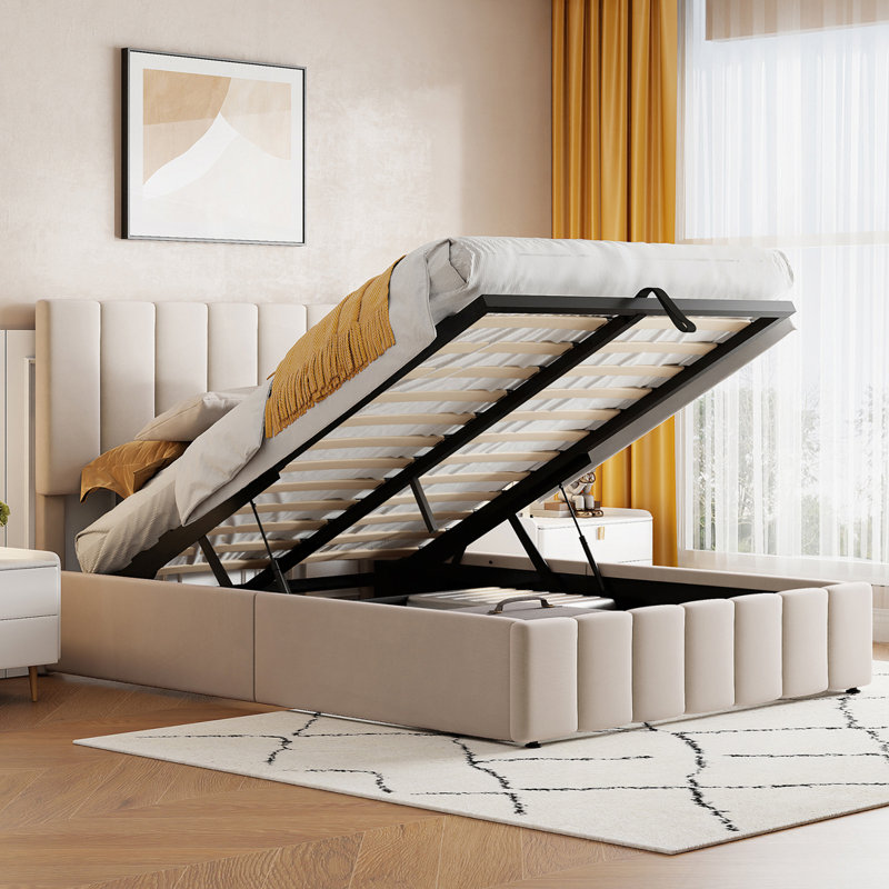 Lit plateforme tapissier avec système de rangement hydraulique, Beige, Complète