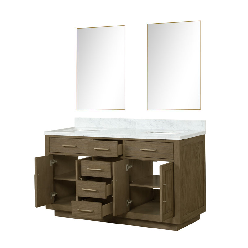 Meuble-lavabo double Shelter et miroirs 28 po, Chêne brun, Marbre de Carrare blanc, 48"