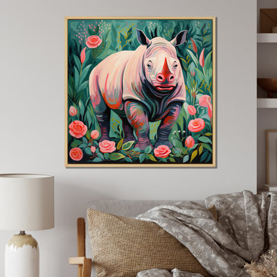 Pink And Green Rhino Paradise I - Rhinoceros Wall Art