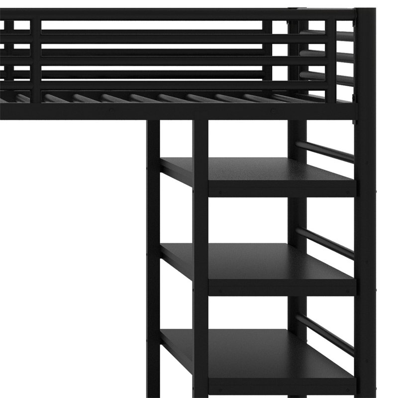 L-Shaped Bunk Bed And Loft Bed With Four Built-In Shelves