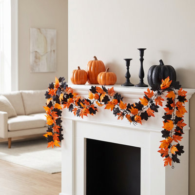 2 pièces 68,9 pouces de guirlande de feuilles d'érable artificielles d'Halloween, vigne suspendue avec ornements de citrouille et araignées pour cheminée