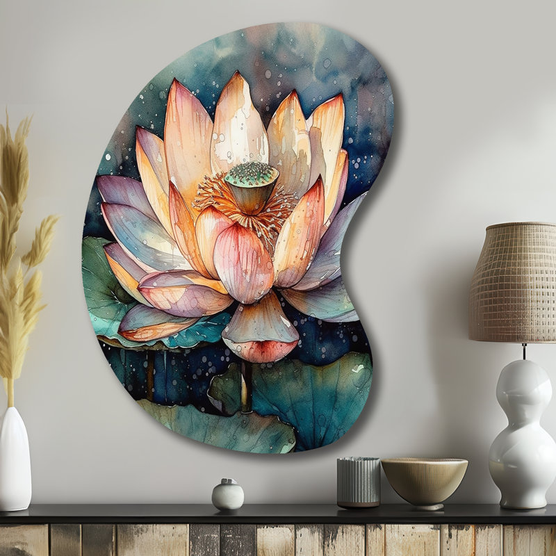 «Orange Lotus Floral Dreams I», art mural en métal à motif de lotus asymétrique, sculpture murale en métal de forme irrégulière