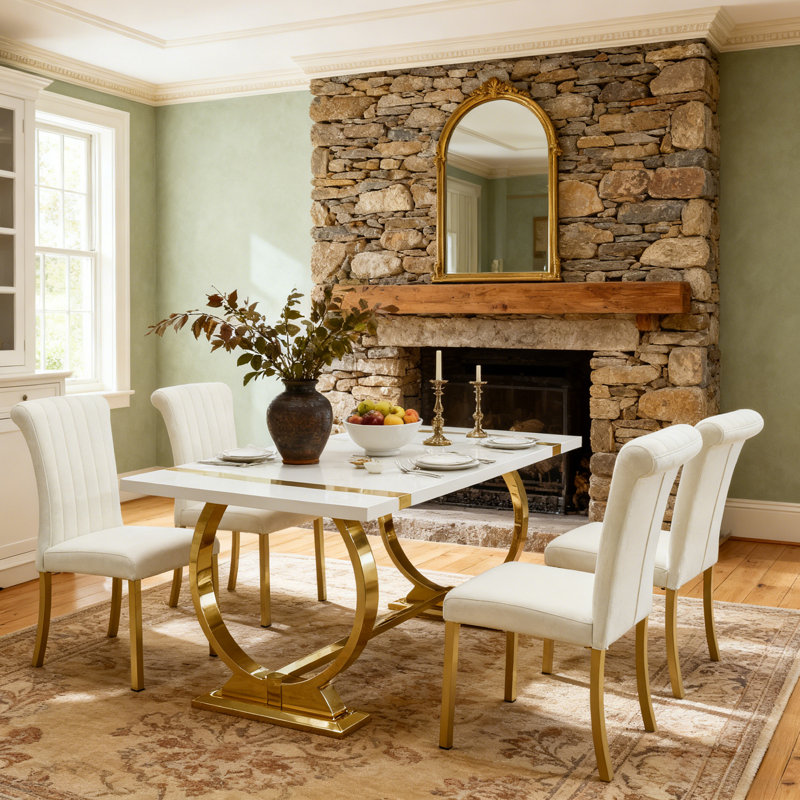 Modern 5-Piece 60"W Rectangular Dining Tabel Set for Kitchen Dining Room, 30"H x 60"W x 31.5"D, Gold, White/Gold