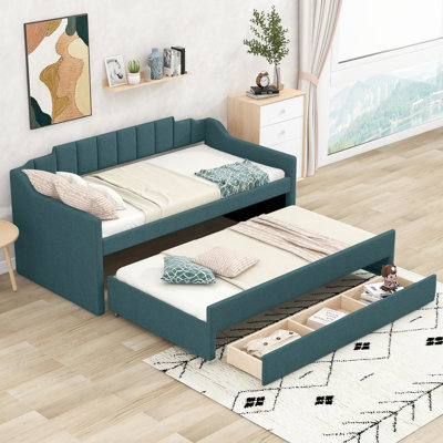 Lit de jour simple avec lit gigogne et 3 tiroirs, canapé-lit en lin pour chambre d'amis, vert
