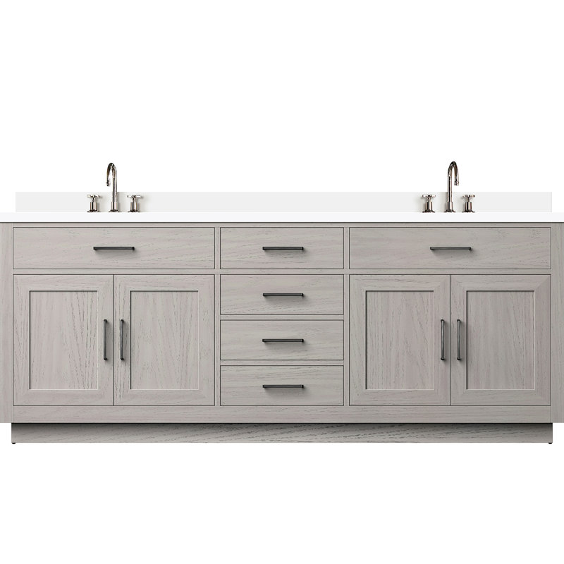 Meuble-lavabo double, finition chêne blanc, surface en quartz, robinet, fermeture en douceur, meuble-lavabo en bois massif et maquillage, plateau, mécanisme de fermeture, construction