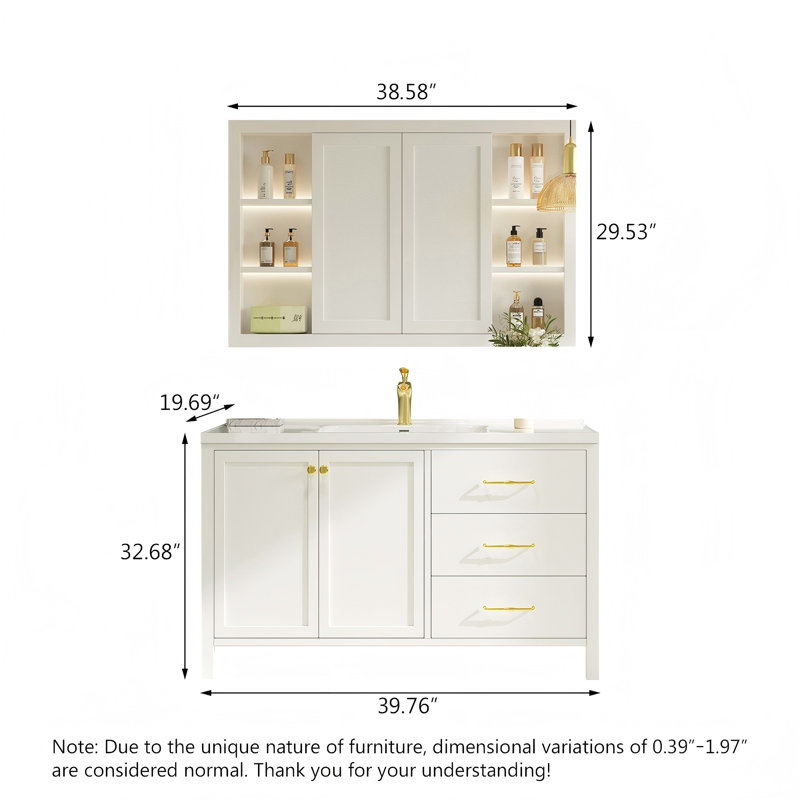 Meuble-lavabo de salle de bain en bois d'hévéa massif blanc avec miroir intelligent, 32.68" H x 39.76" W x 19.69" D