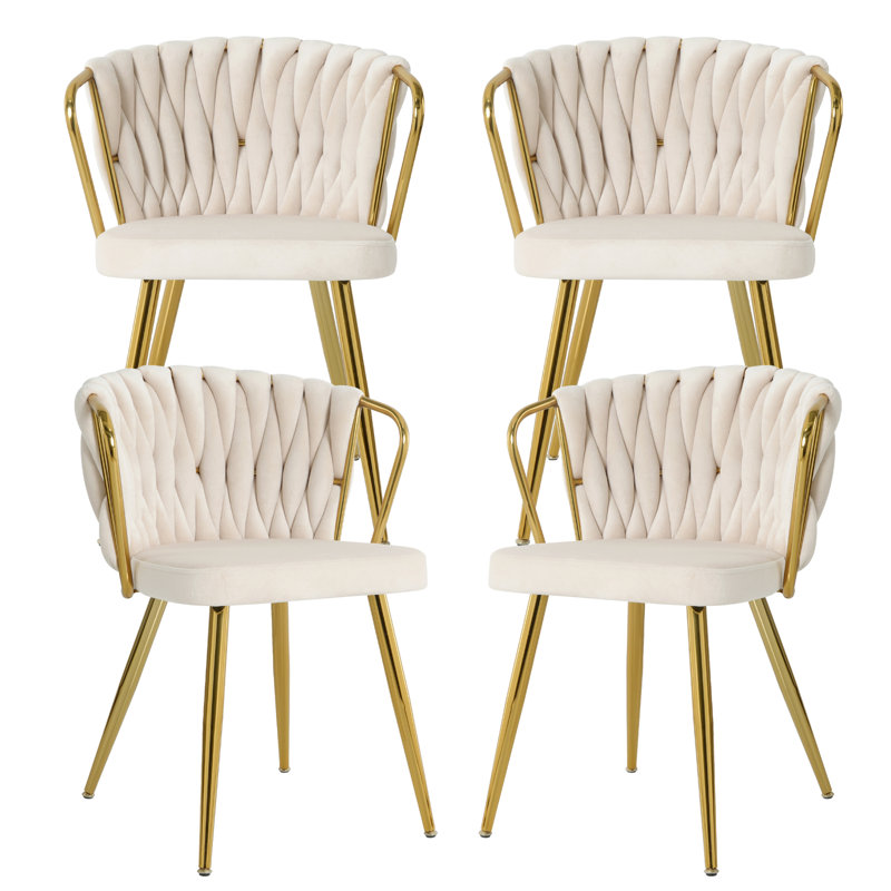 Byers Velvet Dining Chairs Set of 4, Woven Upholstered Side Chairs with Metal Legs, Modern Accent Leisure Chairs Kitchen & Dining Room Chairs for Bedroom Living Room