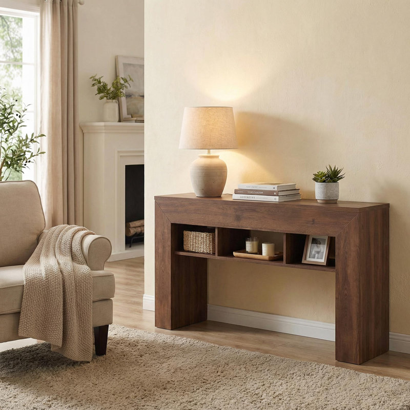 63" Long Console Table with 3 Open Shelves, Narrow Entryway Sofa Table for Hallway Living Room, Brown